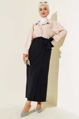 Belden Bağlamalı Keten Etek Siyah - Uzun Etek