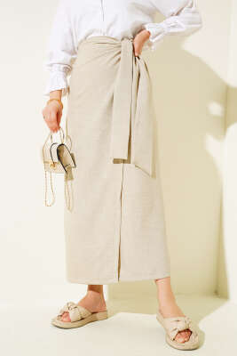 Belden Bağlamalı Keten Etek Taş - Uzun Etek