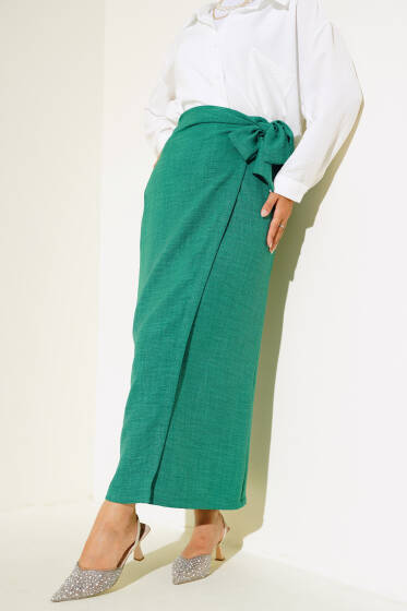 Belden Bağlamalı Keten Etek Yeşil - Etek