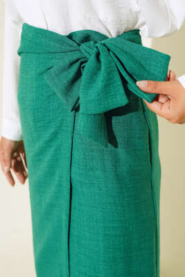 Belden Bağlamalı Keten Etek Yeşil - Uzun Etek