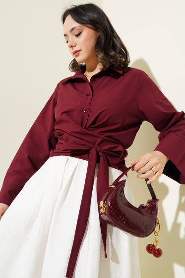 Belden Bağlamalı Kısa Gömlek Bordo - Gömlek