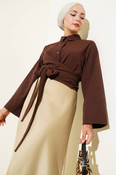 Belden Bağlamalı Kısa Gömlek Kahve - Gömlek