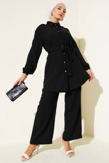 Belden Bağlamalı Omuz Düğmeli İkili Takım Siyah - İkili Takım