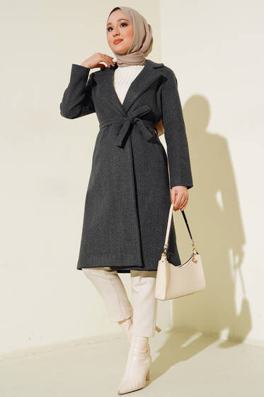 Belden Bağlamalı Uzun Kaşe Kaban Antrasit - Kaban