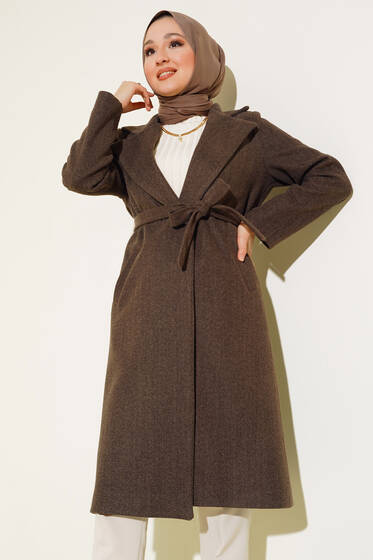 Belden Bağlamalı Uzun Kaşe Kaban Vizon - Kaban