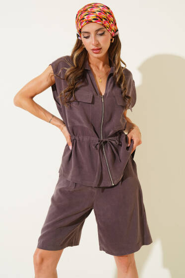 Belden Büzgülü Yelekli İkili Takım Vizon - Kadın Giyim Modelleri