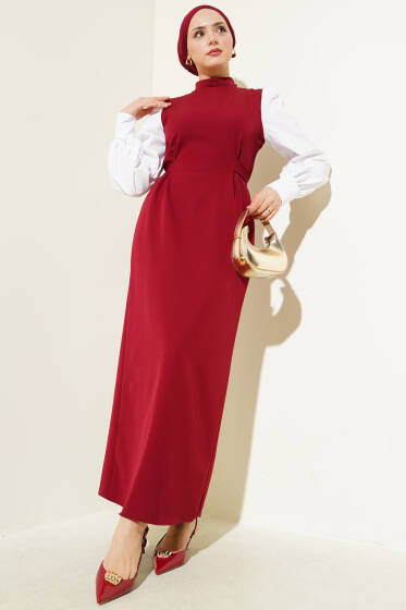 Belden Kendi Kuşaklı Gömlek Kol Elbise Bordo - Tesettür Elbise