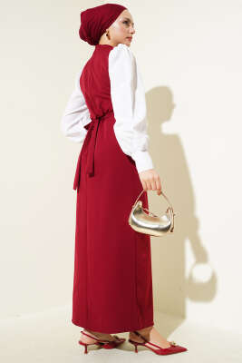 Belden Kendi Kuşaklı Gömlek Kol Elbise Bordo - Tesettür Elbise
