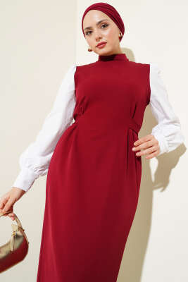 Belden Kendi Kuşaklı Gömlek Kol Elbise Bordo - Tesettür Elbise
