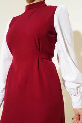 Belden Kendi Kuşaklı Gömlek Kol Elbise Bordo - Tesettür Elbise