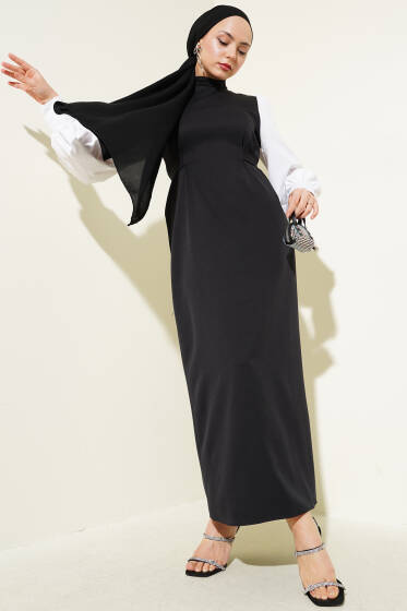 Belden Kendi Kuşaklı Gömlek Kol Elbise Siyah - Elbise