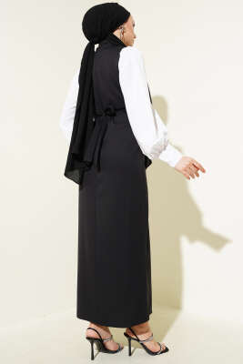Belden Kendi Kuşaklı Gömlek Kol Elbise Siyah - Tesettür Elbise