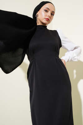 Belden Kendi Kuşaklı Gömlek Kol Elbise Siyah - Tesettür Elbise