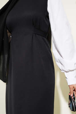 Belden Kendi Kuşaklı Gömlek Kol Elbise Siyah - Tesettür Elbise