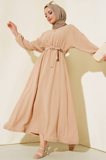 Belden Kuşak Bağlamalı Elbise Bej - Tesettür Elbise