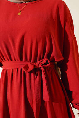 Belden Kuşak Bağlamalı Elbise Burgonya - Thumbnail