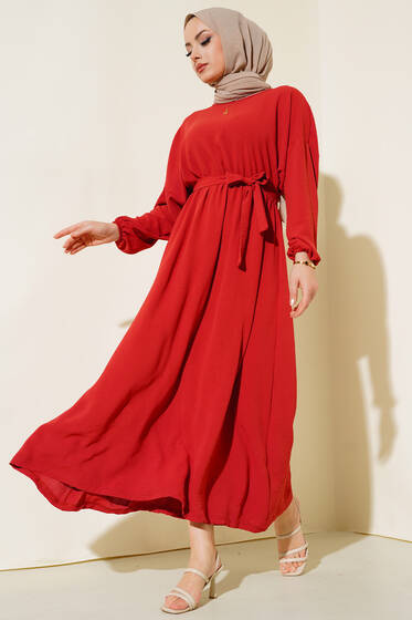 Belden Kuşak Bağlamalı Elbise Burgonya - Tesettür Elbise