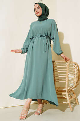 Belden Kuşak Bağlamalı Elbise Çağla Yeşili - Thumbnail