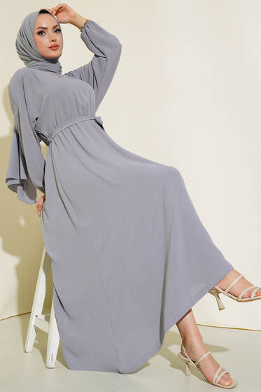 Belden Kuşak Bağlamalı Elbise Gri - Tesettür Elbise