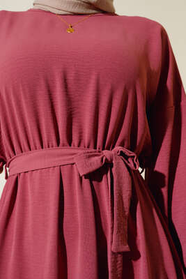 Belden Kuşak Bağlamalı Elbise Gül Kurusu - Thumbnail