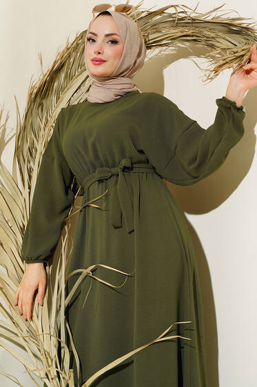 Belden Kuşak Bağlamalı Elbise Haki - Tesettür Elbise
