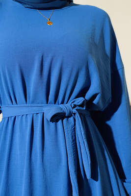 Belden Kuşak Bağlamalı Elbise İndigo - Thumbnail