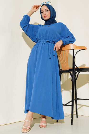 Belden Kuşak Bağlamalı Elbise İndigo - Tesettür Elbise