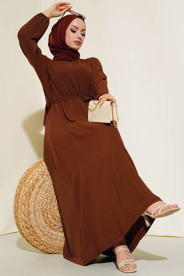 Belden Kuşak Bağlamalı Elbise Kahve - Tesettür Elbise