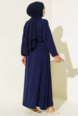 Belden Kuşak Bağlamalı Elbise Lacivert - Tesettür Elbise