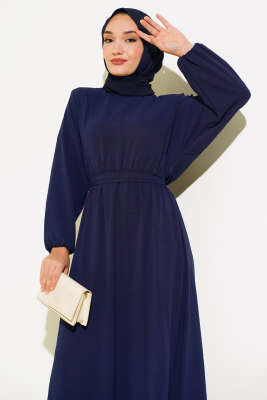 Belden Kuşak Bağlamalı Elbise Lacivert - Tesettür Elbise