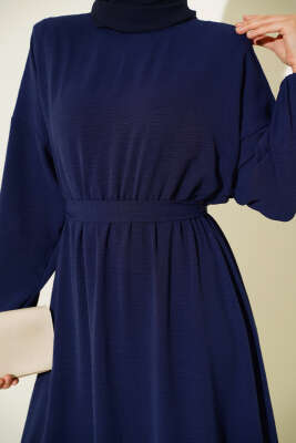 Belden Kuşak Bağlamalı Elbise Lacivert - Tesettür Elbise