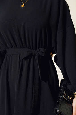 Belden Kuşak Bağlamalı Elbise Siyah - Thumbnail