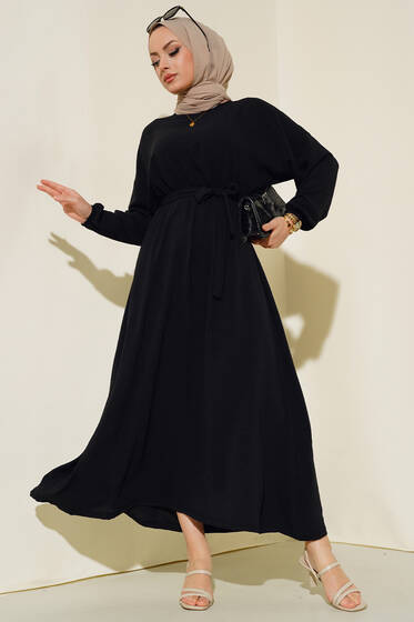 Belden Kuşak Bağlamalı Elbise Siyah - Tesettür Elbise