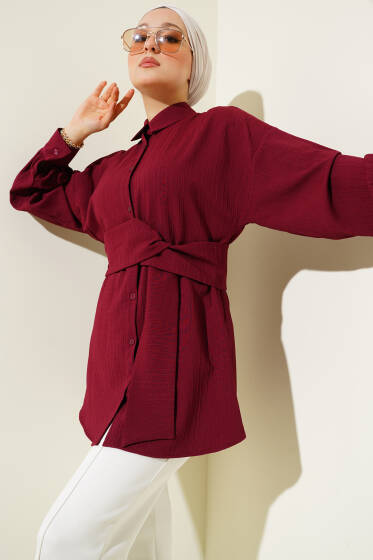 Belden Kuşak Bağlamalı Gömlek Bordo - Gömlek
