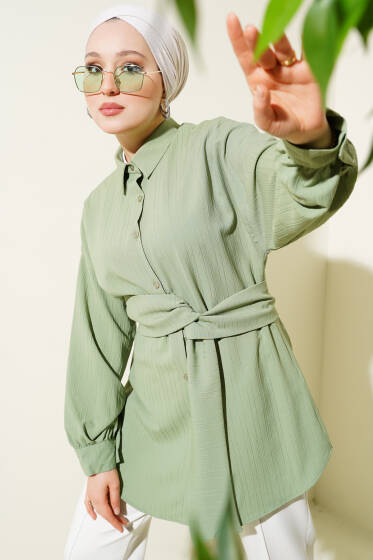 Belden Kuşak Bağlamalı Gömlek Çağla Yeşili - Gömlek