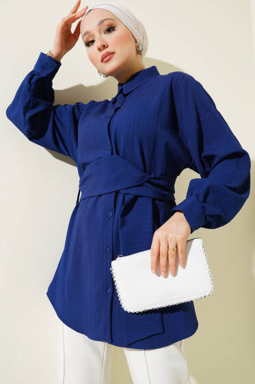 Belden Kuşak Bağlamalı Gömlek Lacivert - Gömlek