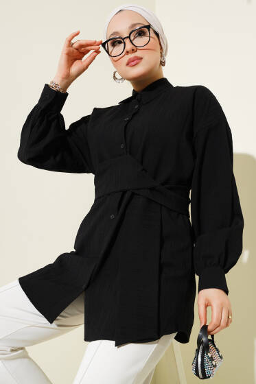 Belden Kuşak Bağlamalı Gömlek Siyah - Gömlek