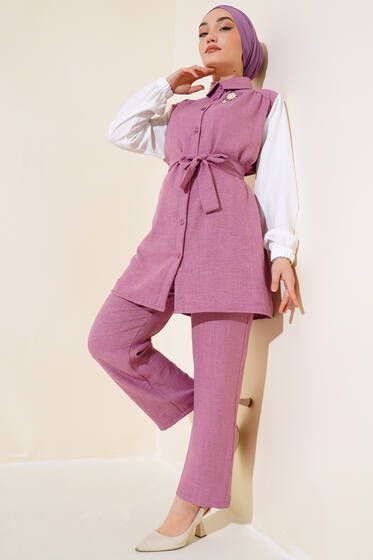 Belden Kuşaklı Garnili İkili Takım Gül Kurusu - İkili Takım