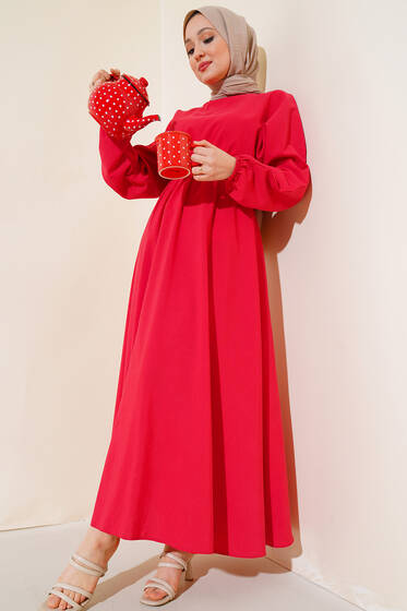 Belden Lastikli Kuşaklı Elbise Alizarin - Tesettür Elbise