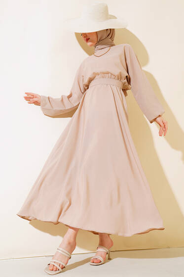 Belden Lastikli Kuşaklı Elbise Bej - Tesettür Elbise