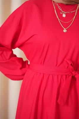 Belden Lastikli Kuşaklı Elbise Kırmızı - Thumbnail