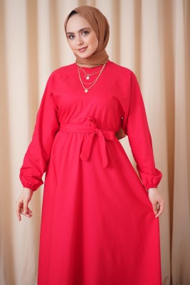 Belden Lastikli Kuşaklı Elbise Kırmızı - Thumbnail