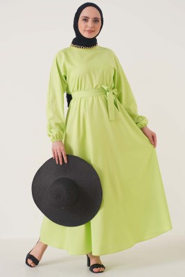 Belden Lastikli Kuşaklı Elbise Lime - Thumbnail
