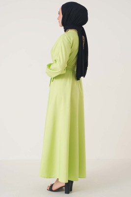 Belden Lastikli Kuşaklı Elbise Lime - Thumbnail