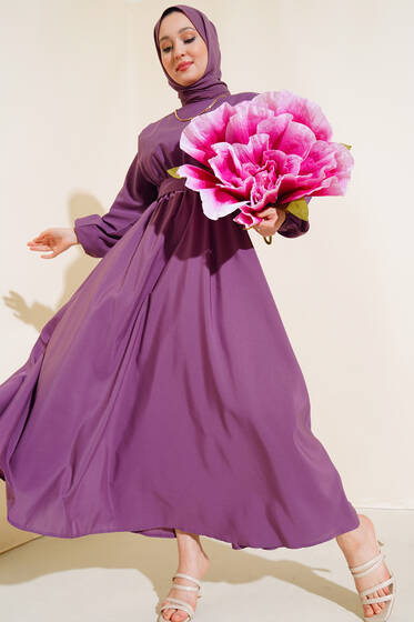 Belden Lastikli Kuşaklı Elbise Magenta - Tesettür Elbise
