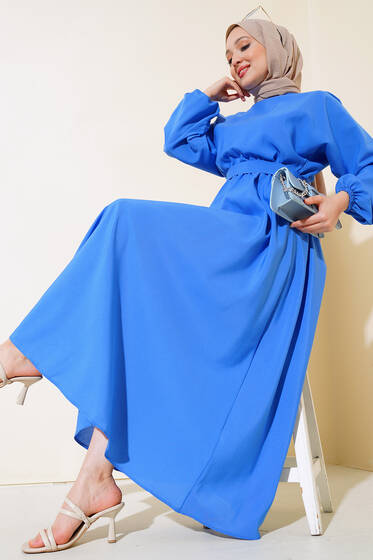 Belden Lastikli Kuşaklı Elbise Saks - Tesettür Elbise