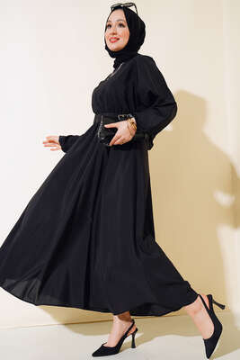 Belden Lastikli Kuşaklı Elbise Siyah - Thumbnail