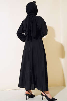 Belden Lastikli Kuşaklı Elbise Siyah - Thumbnail