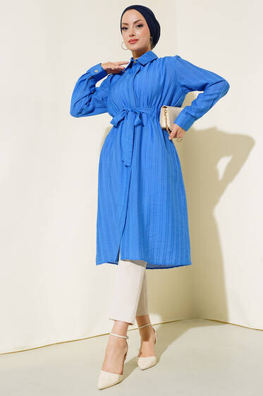 Belden Tünel Bağlamalı Uzun Tunik Mavi - Tunik