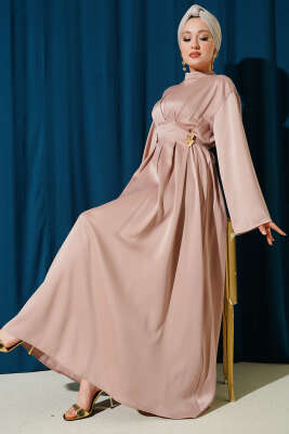 Beli Aksesuarlı Bağlamalı Abiye Elbise Bej - BERAT TEKSTİL